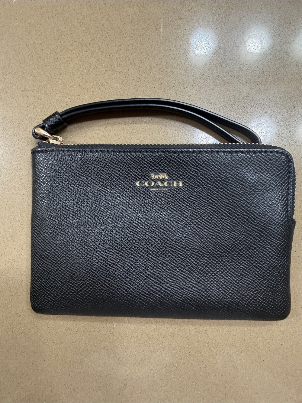 Coach Black Saffiano Leather Wristlet with Gold Logo